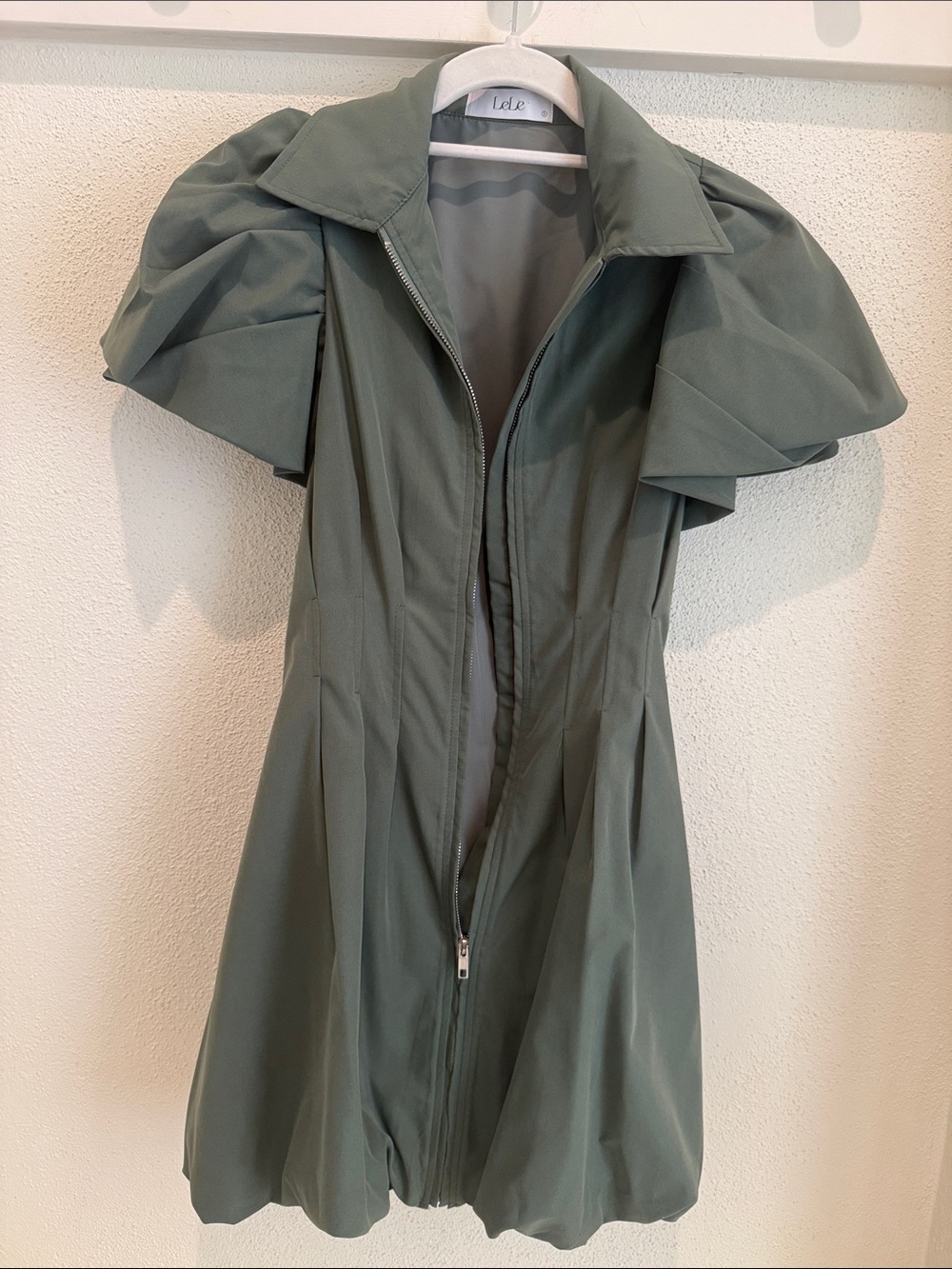 Puff-Sleeve Zip Front Dress in Sage Green